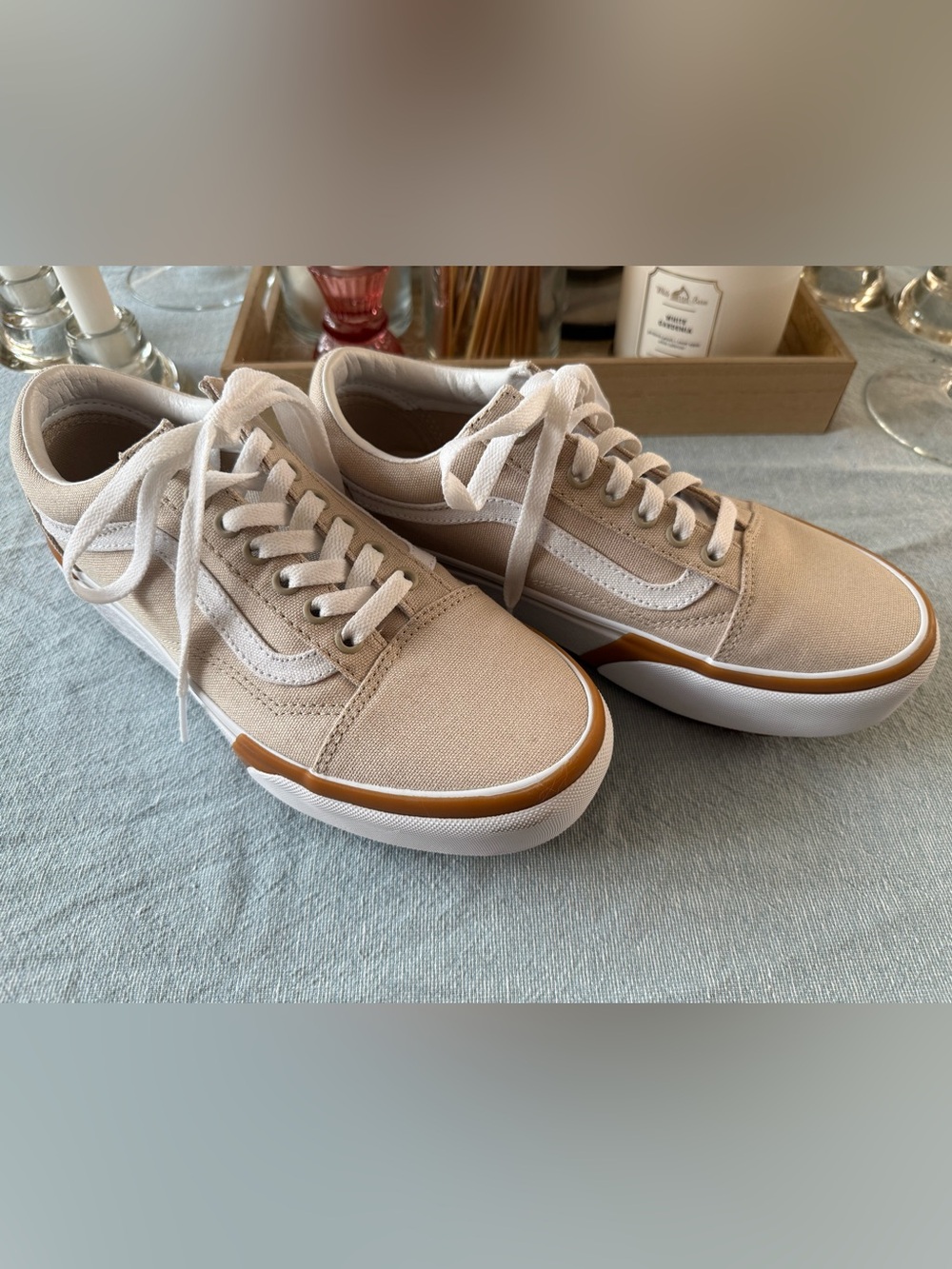 Vans Women’s Old Skool Canvas Platform Sneakers in Beige